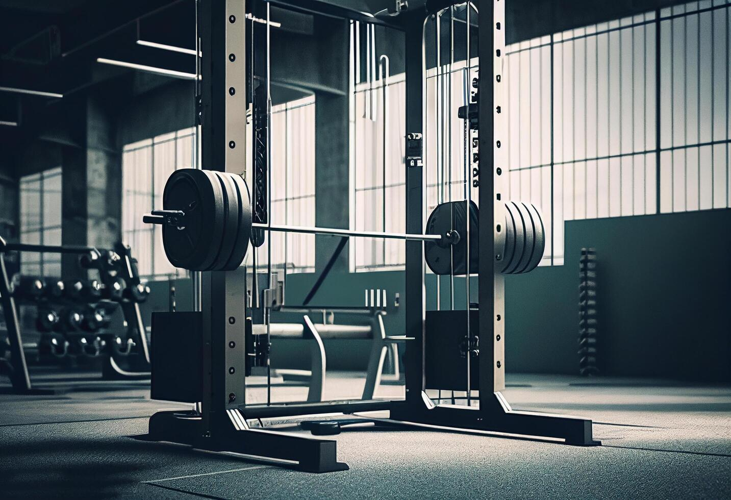 Professional gym equipment with loaded barbell in a modern fitness facility